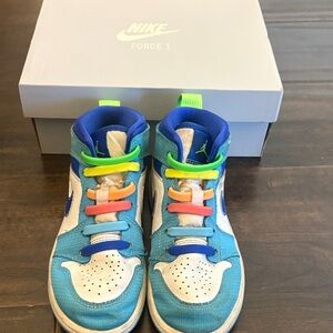 Nike Kids Blue and White High-Top Sneakers with Neon Lace Accents